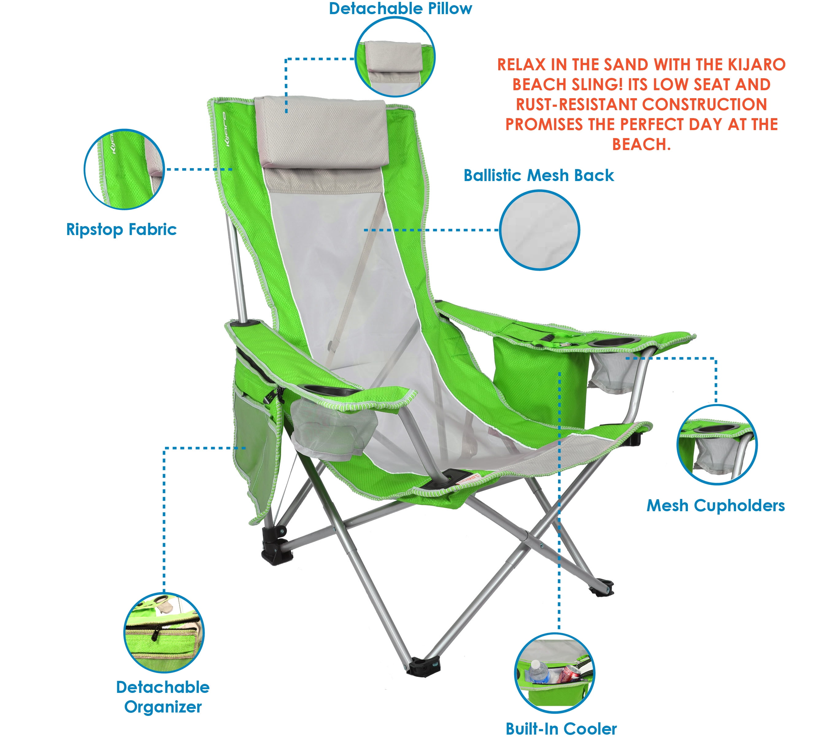 Kijaro Coast Beach Sling Chair Fiji Sunset Orange Weight 8.59 lbs. Open size 30.3 in. L x 33.9 in. W x 36.6 in H