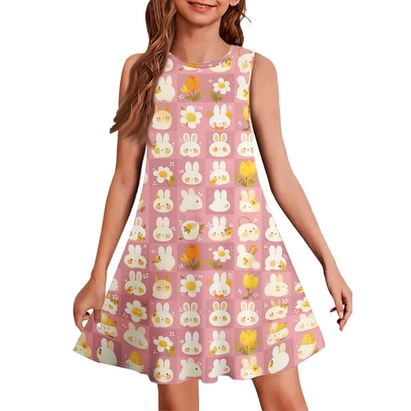 Abcomgle Easter Dresses for Girls 10-12 Cute Bunny Daisy Print T Shirt Dresses for Girls A-Line Sleeveless Dress Outfits Crewneck Casual Twirly Dresses for Girls,Pink,7-8Years