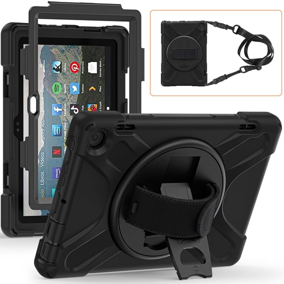 Dteck for Amazon Fire HD 8 Tablet Case (12th/10th Gen, 2022/2020), Shockproof Protective Kindle Fire HD 8 Plus 12th Gen/10th Gen Kids Case Cover with Rotating Hand Strap Stand Shoulder Strap,Black