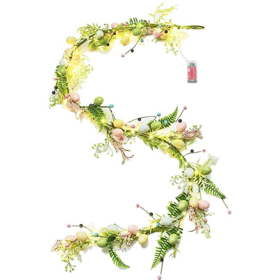 Tingzi 6 Feet Easter Garland for Spring Decoration, Lighted Easter Egg Garland with Pastel Eggs, Twigs and Berries for Mantle, Pre-lit Garland with Timer and 30 LED Warm Lights for Home