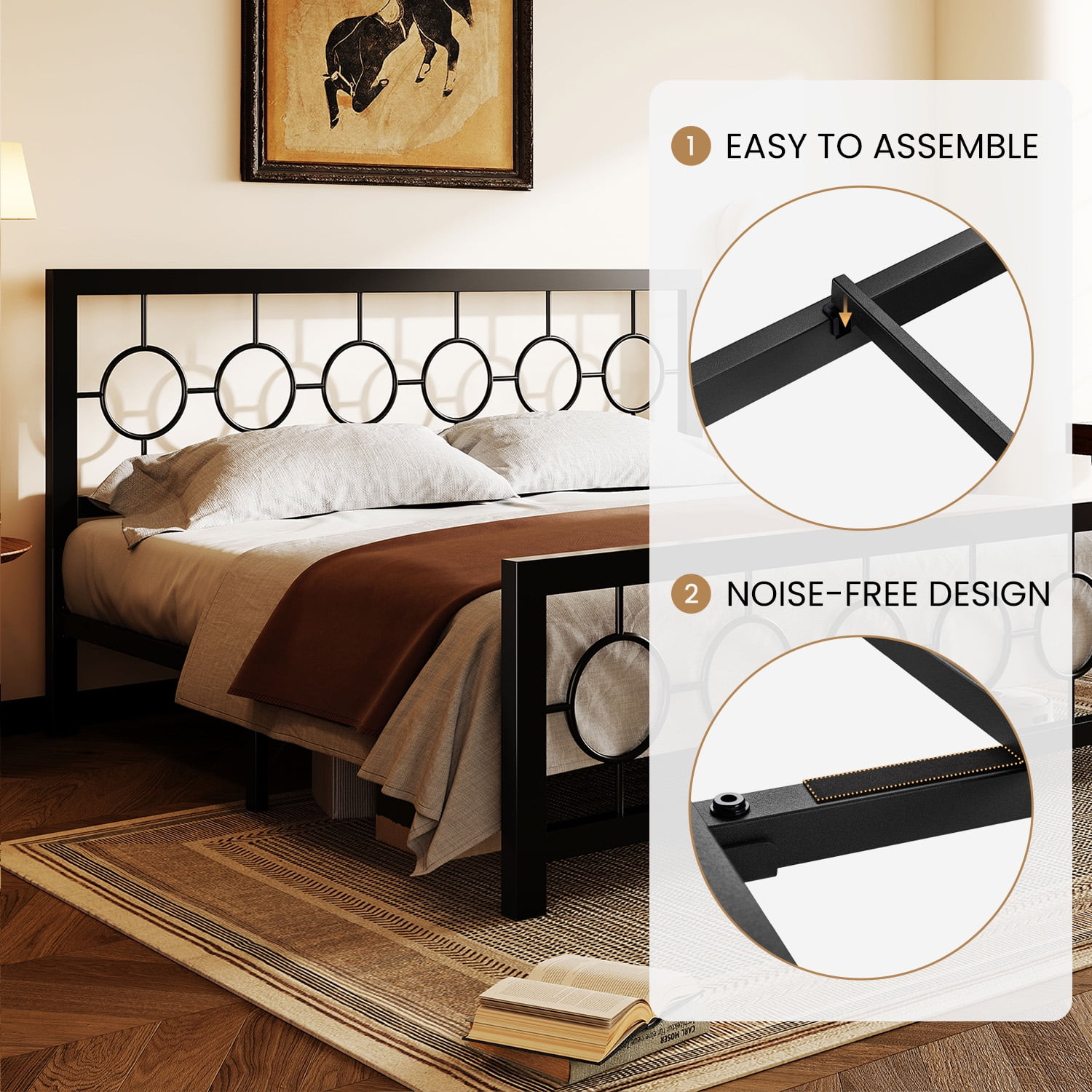 Amolife King Size Bed Frame, Heavy Duty Metal Platform Bed with Vintage Circular Headboard & Footboard, Black