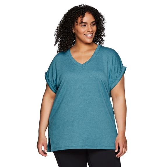 RBX Active Women's Plus Size French Terry V-Neck Short Sleeve Tunic Top