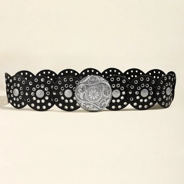 1 Pce Ajustée avec Ceinture Grand Rétro Creuse Ronde en Tôle de Fer Style Baroco pour Femmes Argent Noir 2.0 115cm
