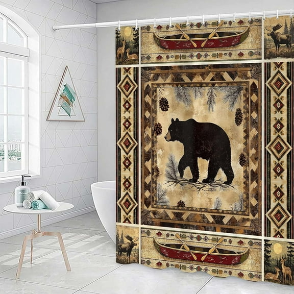 Rustic Bear Shower Curtain for Bathroom, Geometric Cabin Lodge Woodland Moose Bear Patchwork Woven Bath Curtains, Funny Deer Wildlife Country Hunting Camping Bathtub Accessories Set with Hooks 47X64IN