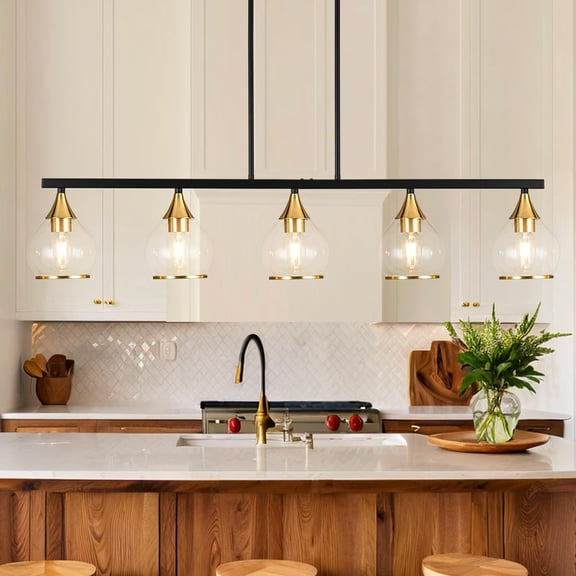 5-Light Linear Chandelier with Clear Glass Globes, Black Metal and Gold Accents, Modern Farmhouse Kitchen Island Pendant Lighting, Adjustable Chain Hanging Fixture for Dining Room