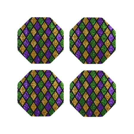 

Pofeuu Mardi Gras Shiny Green Purple Print Coasters for Drinks 4Pack PU Leather Coasters Bar Drink Coasters for Tabletop Protection Furniture from Damage-Octagon