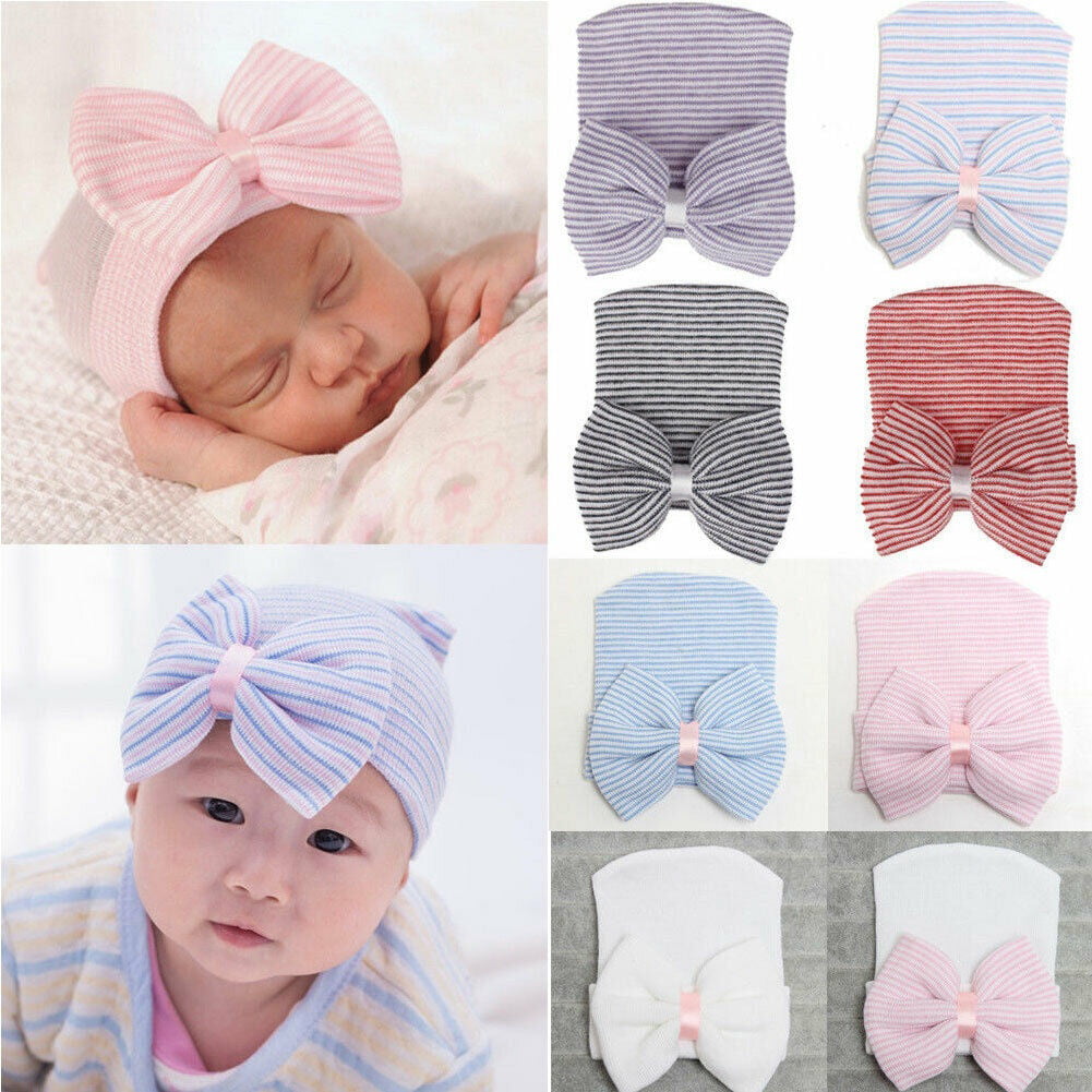 Newborn Baby Girls Striped Headband Headwear Toddler Soft Beanie Hat With Bow 