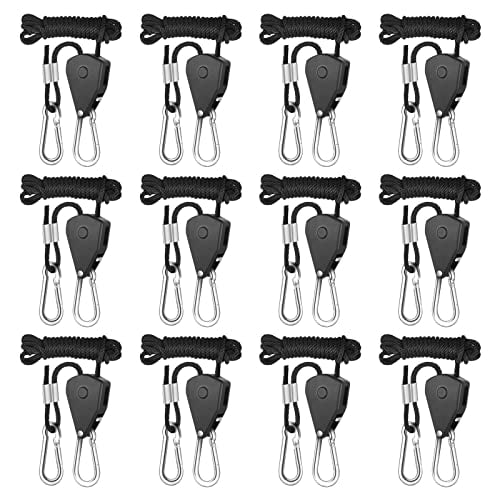 iPower 6 Pairs 1/8 Inch Adjustable Heavy Duty Rope Hanger Ratchet Grow Light Fixtures, Reinforced Metal Internal Gears, 150lbs Weight Capacity, 8-Feet Long