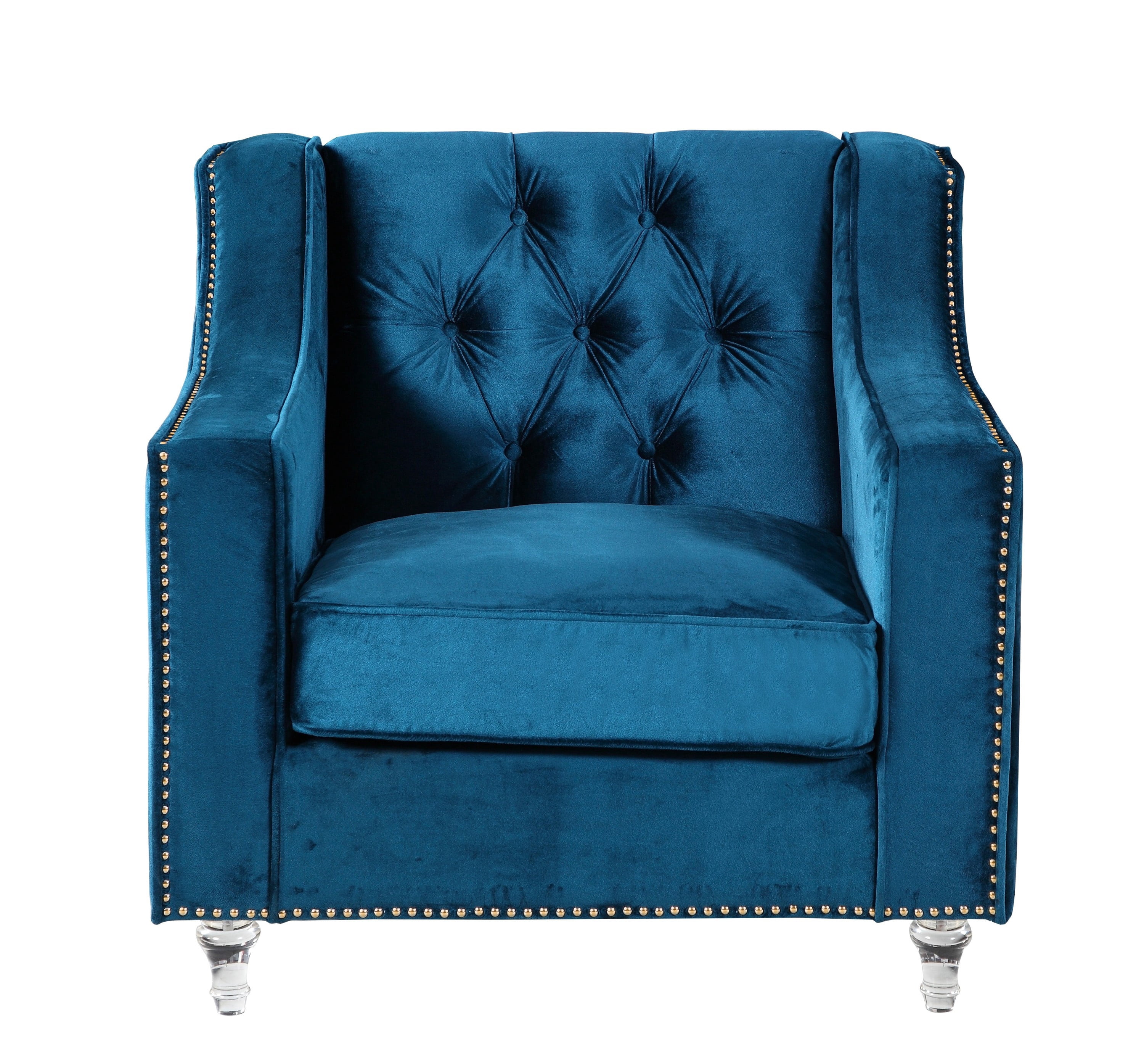 Chic Home Berry Velvet Modern Contemporary Button Tufted with Gold Nailhead Trim Round Acrylic Feet Club Chair, Navy Blue
