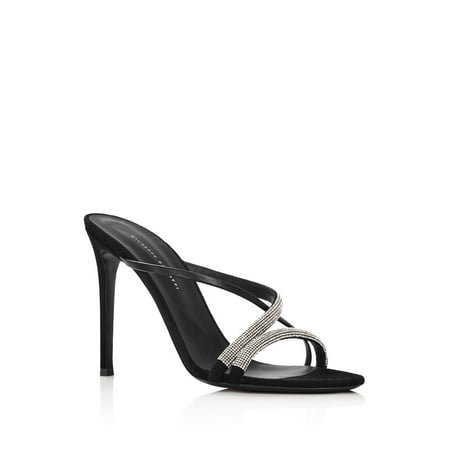 

GIUSEPPE ZANOTTI Womens Black Crisscross Straps Rhinestone Kanda Round Toe Stiletto Slip On Leather Dress Sandals 36.5