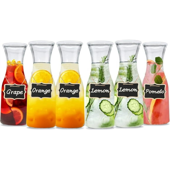 Set of 6 Glass Carafe Pitcher with Lid, Water Pitcher Set for Mimosa Bar Supplies, 1 Liter Beverage Dispensers, Bedside Water Carafe, Orange Juice Container, Catering Drink & Pitchers Parties