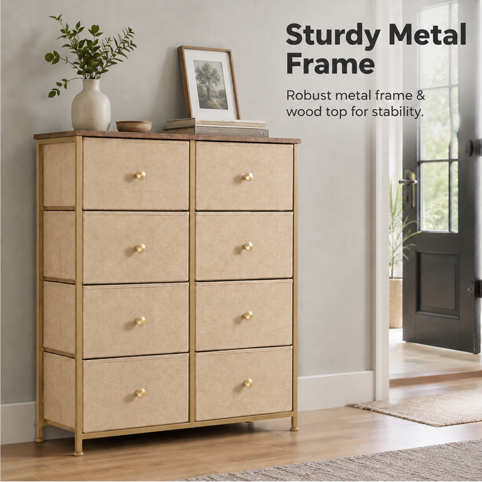Alvantor 8/9 Drawer Fabric Dresser, Storage Tower for Bedroom and Closet, Chest of Drawers with Sturdy Steel Frame & Wooden Top for Living Room, Entryway