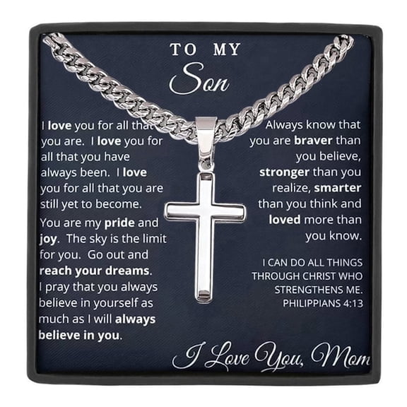 MASALADI To My Son Cross Necklace from Mom, Inspirational Stainless Steel Cuban Chain Gift for Graduation Birthday