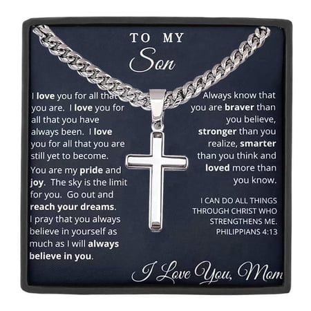 MASALADI To My Son Cross Necklace from Mom, Inspirational Stainless Steel Cuban Chain Gift for Graduation Birthday