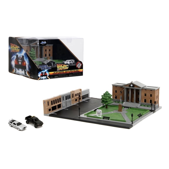 Jada Nanoscene Back To The Future Hill Valley Courthouse Diorama & 2 Iconic Vehicles (Time Machine & Toyota Pickup)