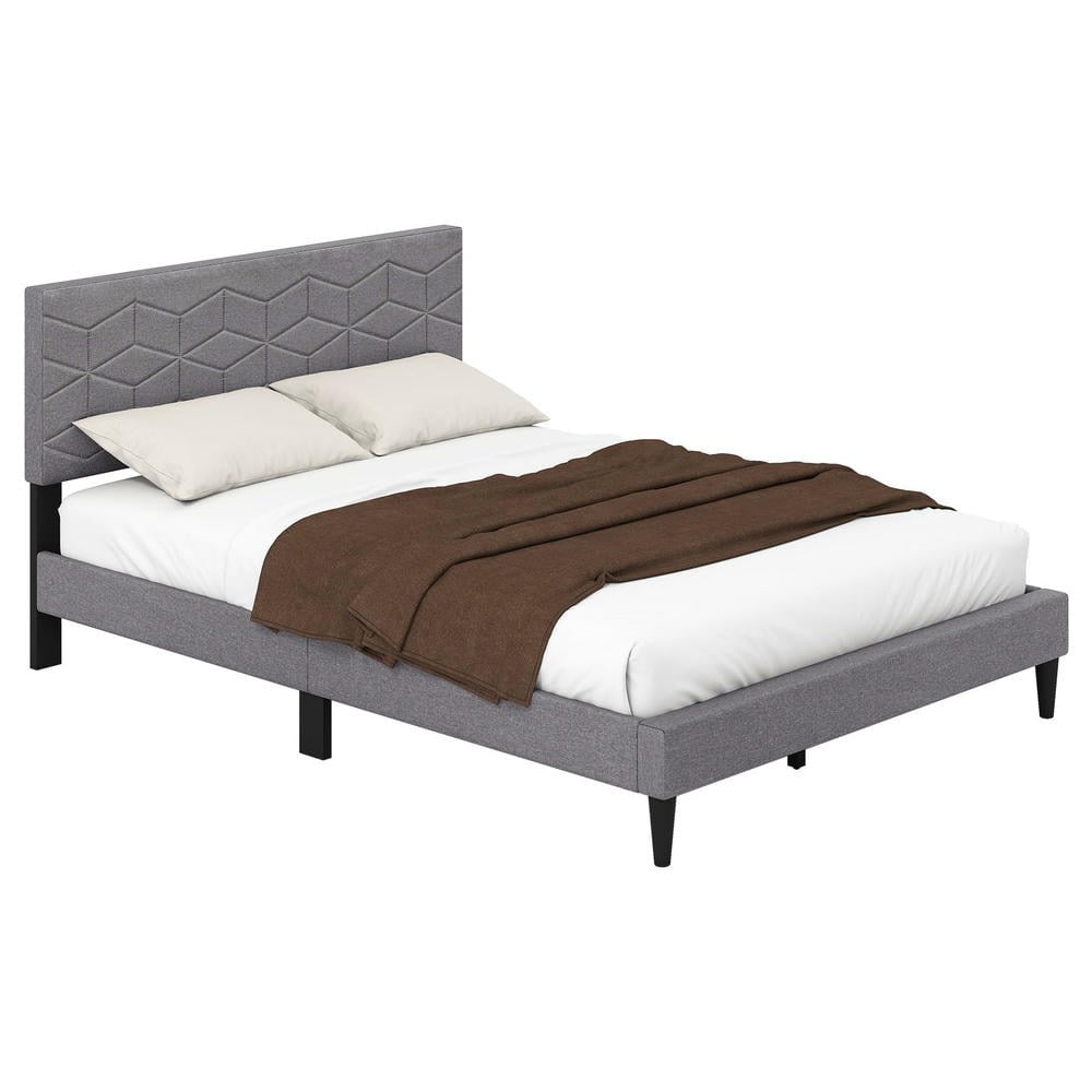 Barara King Full Size Bedroom Bed Frame with Linen Fabric Upholstered Headboard, Bed Platform Frame for Apartment, Bedroom, Gray