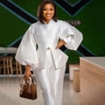 thumbnail image 2 of AURA Plus Size 2 Piece Pants Set Puff Sleeve Long Sleeve Top Wide Leg Trousers Elegant Summer Commuter Outfit, 2 of 4
