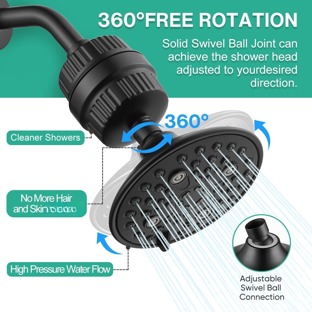 6-setting High Filtered Shower Head Combo  Detachable Rain With 20 Stage Filter For Hard Water - Remove Chlorine And Harmful Substances Black