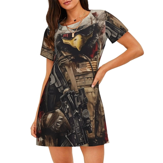Easygdp Bald Eagle Soldier Camisón de manga corta para mujer, informal, estampado