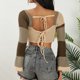 thumbnail image 3 of SAYOO Tops Cortos de Punto para Mujer, Camisa de Patchwork de Punto de Ganchillo de Manga Larga Acampanada con Cordón en la Espalda Streetwear SAYOO  casual, 3 of 8