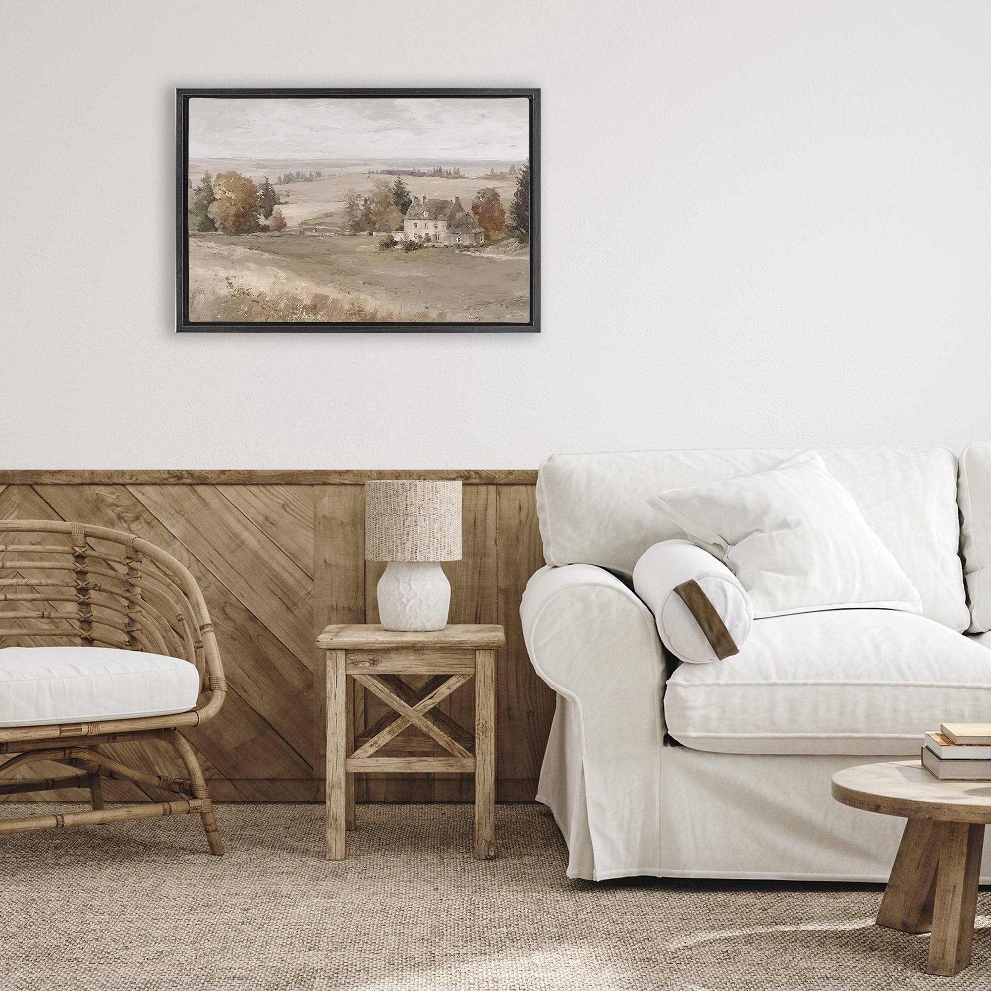 Stupell Industries Quaint Cottage in Countryside Black Framed Floater Canvas Wall Art, design by Jacky Ngan