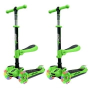 Hurtle ScootKid 3 Wheel Child Ride On Toy Scooter w/ LED Wheels, Green (2 Pack)