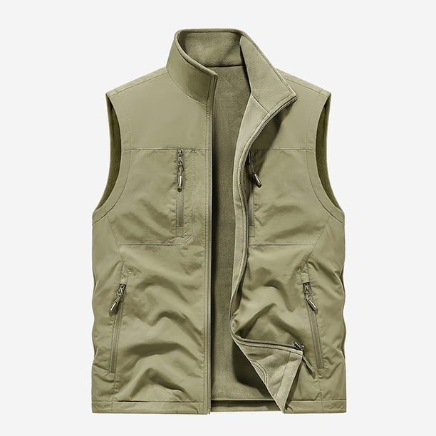 Camiseta sin mangas con cuello alto para hombre, color liso, para exteriores, con múltiples bolsillos, informal, de terciopelo y poliéster.