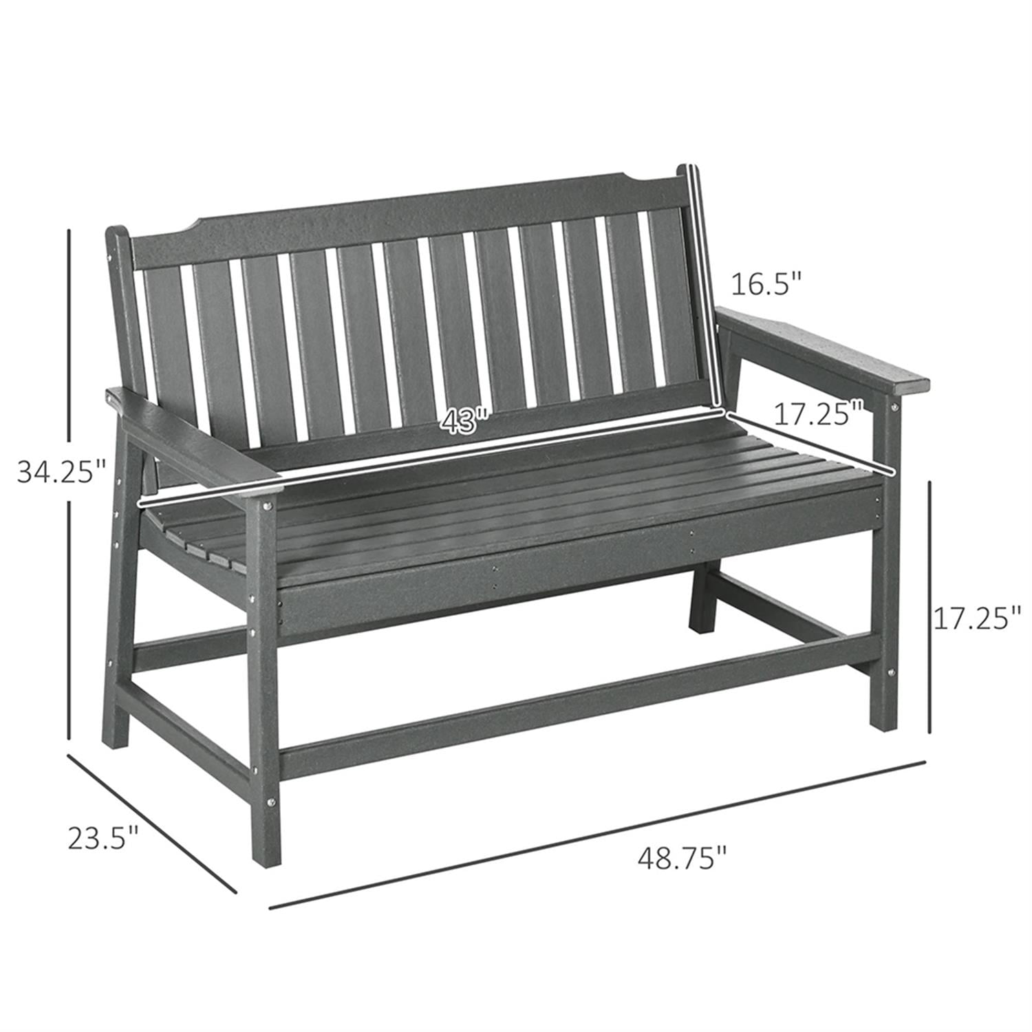 Demi Bonn 2-Person Patio Garden Bench Weather HDPE Porch Bench, Outdoor Benches Furniture with Slatted Back & Armrests for Backyard, Park, Lawn, Yard, Gray