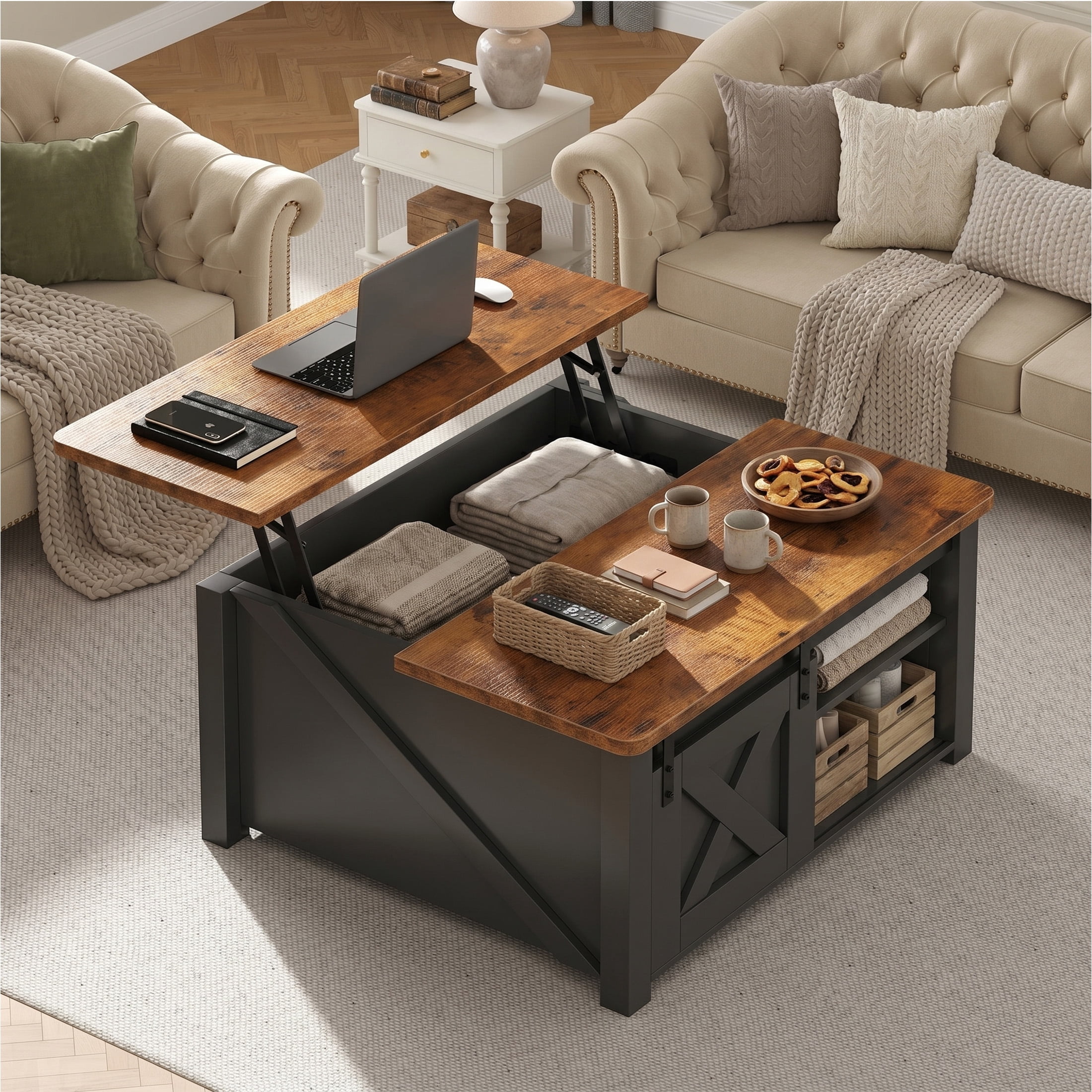 EDX Modern Lift Top Coffee Table with Hidden Storage & Adjustable Shelves, Square Farmhouse Center Table for Living Room, Black