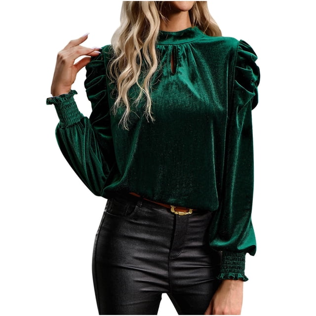 Yuyuzo Velvet Tops for Women Long Sleeve Crewneck Ruffle Shoulder Pullover Shirts Fall Solid Color Tops