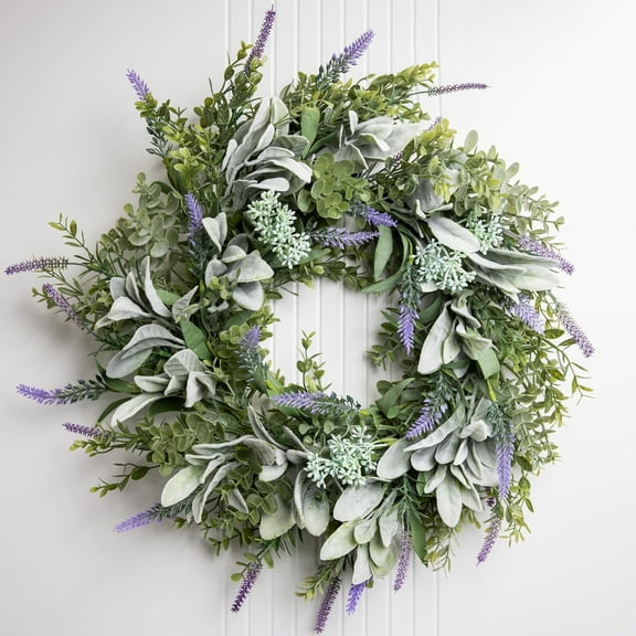Perfnique Spring Summer Wreaths for Front Door, Lambs Ear Wreath with Lavender, 22'' Silk Flower Wreath for Home Door Window, Farmhouse Wreath for Door Wall Decor (Lavender)