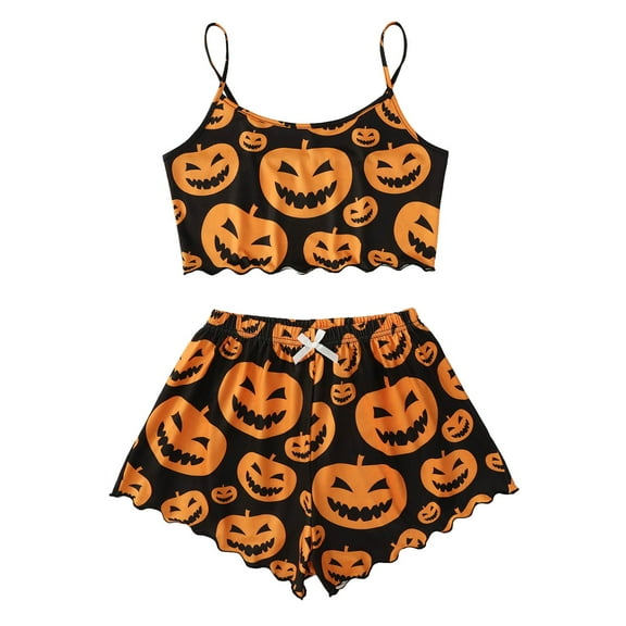 Ulitacool Womens Sexy Pajamas Halloween V Neck Sleeveless Sleepwear Top And Pants Jammies Pumpkin Print Nightwear Autummn Winter Cute Homewear L Purple