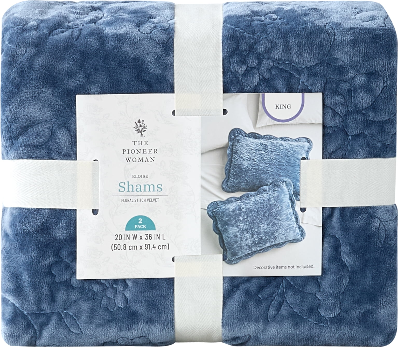 The Pioneer Woman Eloise Floral Velvet Pillow Shams, Blue Dust, King, 2 Pack