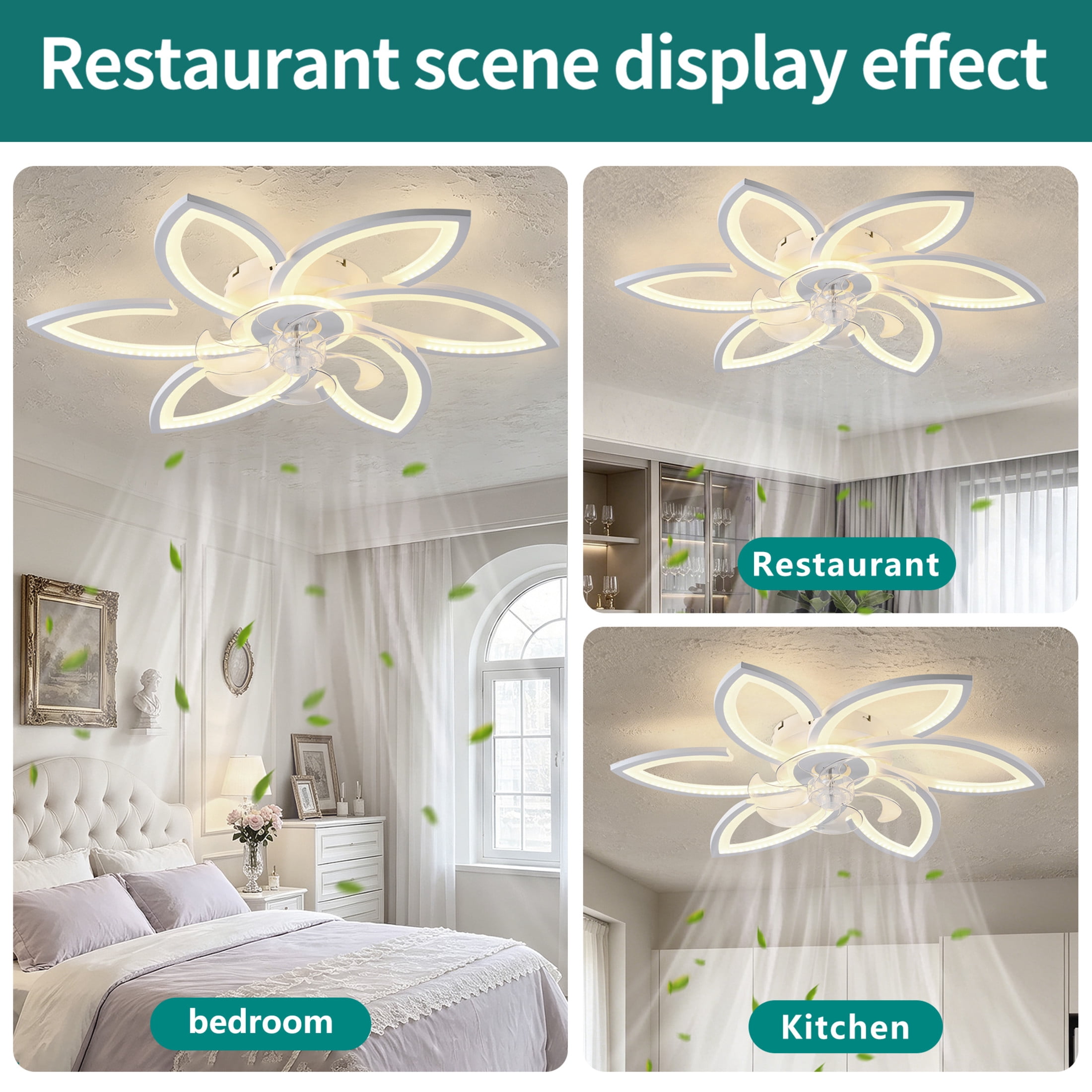 GDF Studio 6-Head Flower Ceiling Fan with LED Lights, Remote & App Control, Low Profile Fandelier for Home Decor, Black