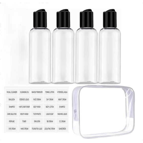 One storage bag and four 3.4 ounce toiletries travel bottles TSA approved leak proof plastic empty travel bottles with labels