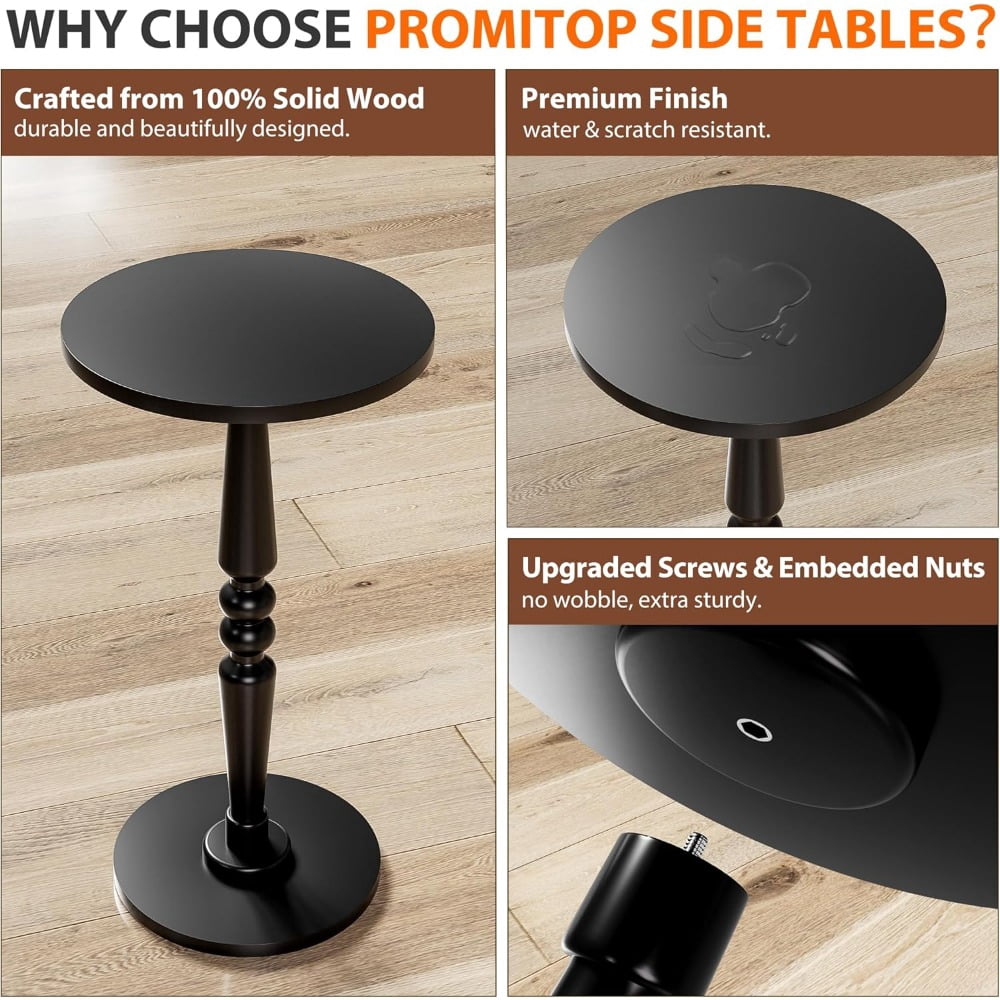 Round Side Table for Livingroom, Bedroom - Small Accent End Table Nightstand with Solid Wood Top and Pedestal Leg - Modern Drink Table for Small Spaces, Corners, Office