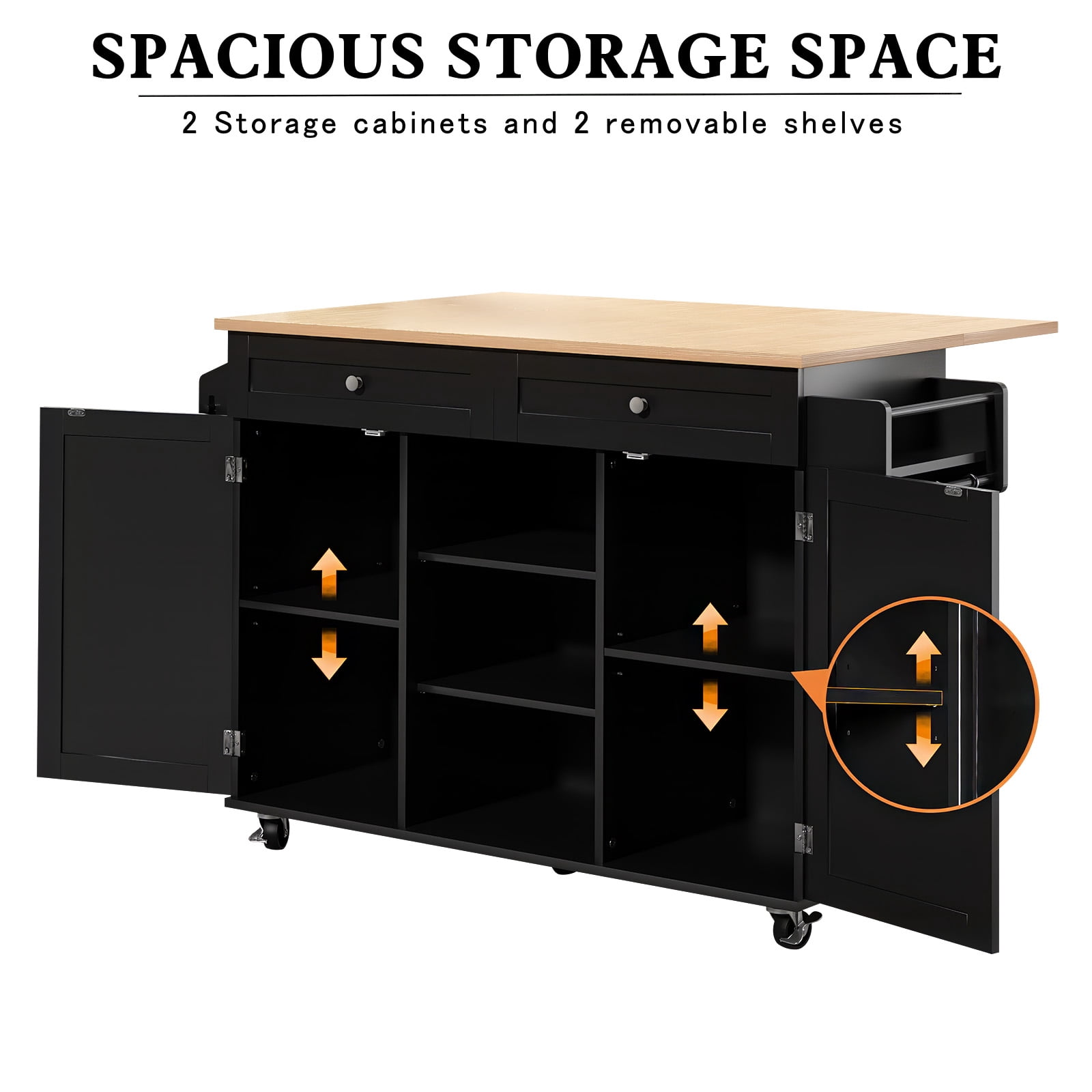 "HLR Black Large Rolling Kitchen Island with Wheels and Storage, 51.7"" W Countertop"
