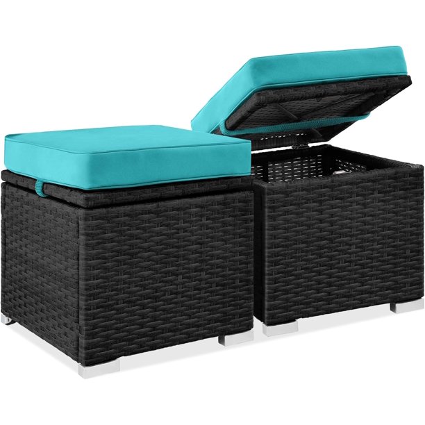 JJUN Set of 2 Wicker Ottomans, Multipurpose Outdoor Furniture for Patio, Backyard, Additional Seating, Footrest, Side Table w/Storage, Removable Cushions - Black/Teal