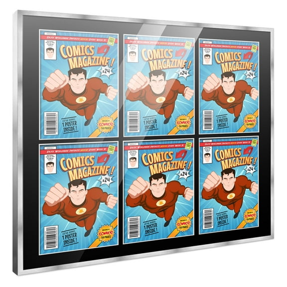 Comic Book Frame with Mat for 6 Golden Age Comics Published Between 1938 and 1956 - Silver Wood
