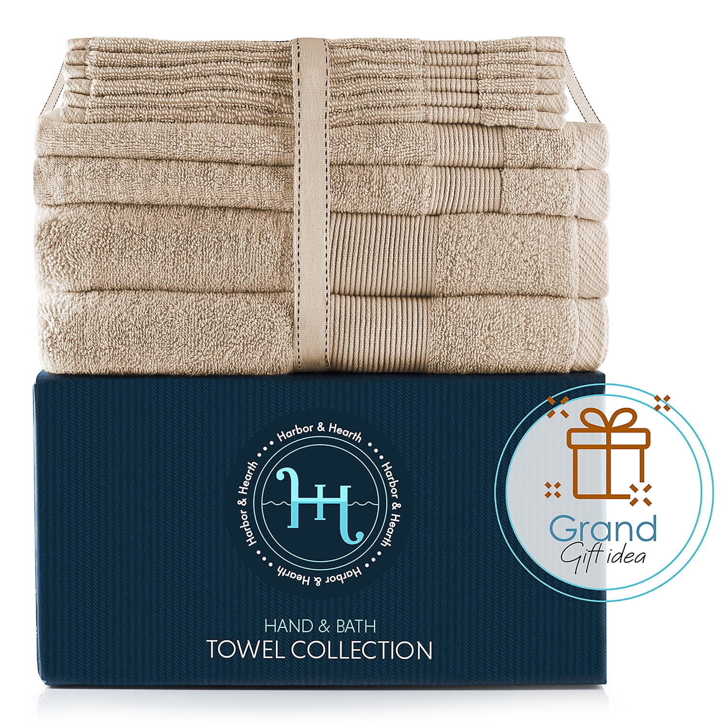 Hearth & Harbor Bath Towel Collection, 100% Cotton Luxury Soft Set of 2 Bath Towels, 2 Hand Towels & 6 Washcloths - Cream