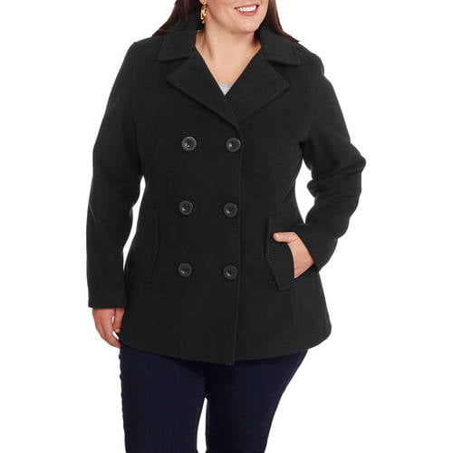 Double Ted Faux Wool Peacoat, Hooded Peacoat Plus Size