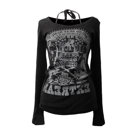 Goth Long Sleeve Tops for Woman 2026 Fashion Off Shoulder Fitted Punk Tshirt Shirt