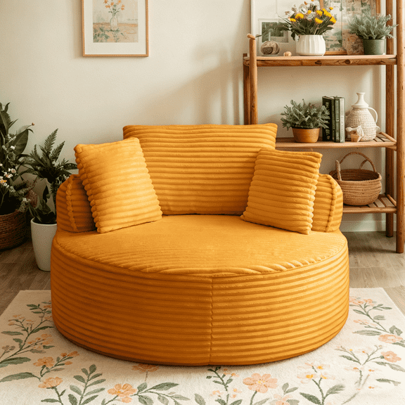 CKEASEAN 53.5" Corduroy Modern Round Chaise Longue Chair Indoor, Comfy Deep Seat Single Lounge Floor Sofa Chair with Pillow, No Assembly Required, Upholstered Cloud Couch for Living Room/Office