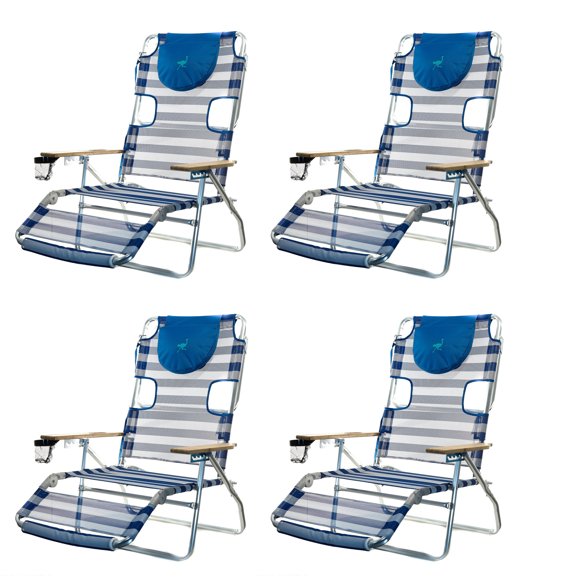 Ostrich 3-N-1 Chaise de Plage Inclinable Multi-Positions en Aluminium, Rayée (Lot de 4)