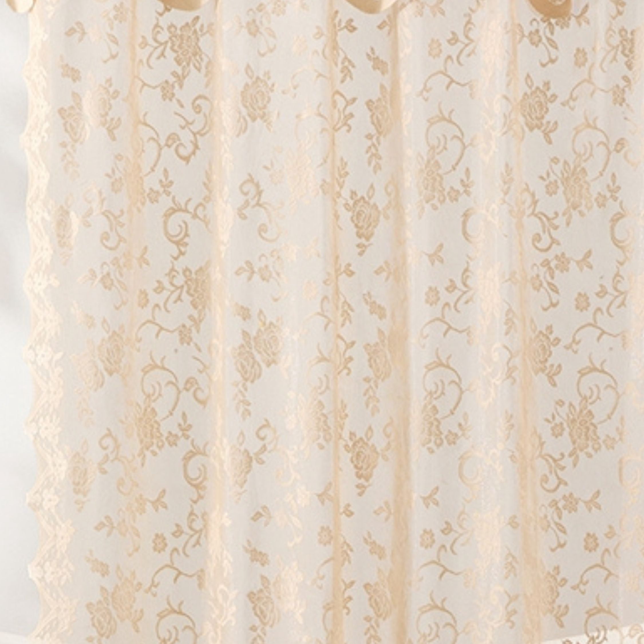 THD Harpy Lace Shower Curtain for Bathroom with Floral Vine Design and Attached Valance – Elegant Victorian Classic Style (Linen Taupe, 72 x 72 Inch)