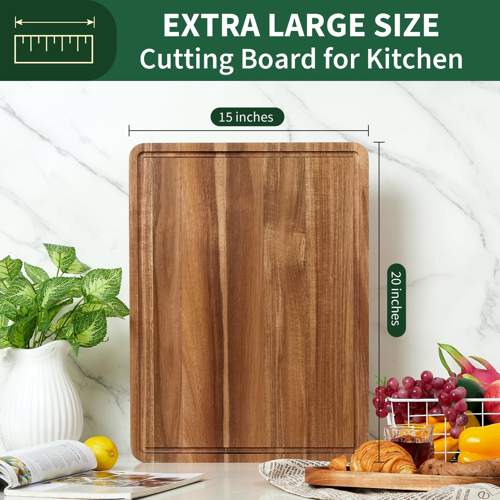 Extra Large Acacia Wood Cutting Board 20"x15" – Reversible Wooden Butcher Block for Kitchen with Deep Juice Groove, Side Handles – Chopping Board & Serving Tray for Meat, Vegetables, Cheese