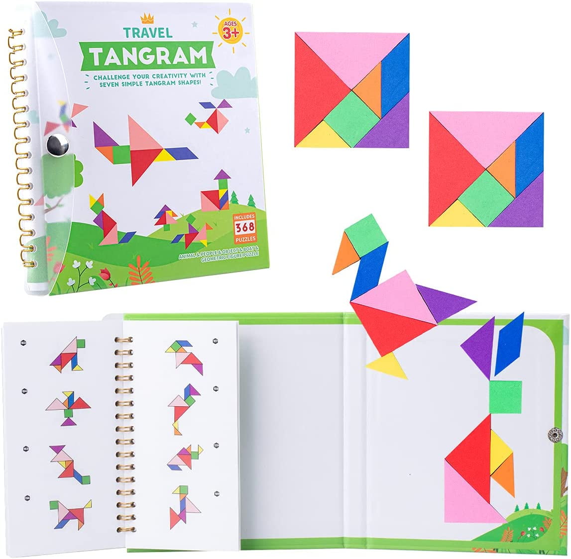 USATDD Tangram Game 360 Magnetic Puzzle Travel Games Jigsaw with Solution Questions Kid Adult Challenge IQ Book Colorful Shapes Educational Toy for 3-100 Years Old 【2 Set of Tangrams 360 Patterns】 