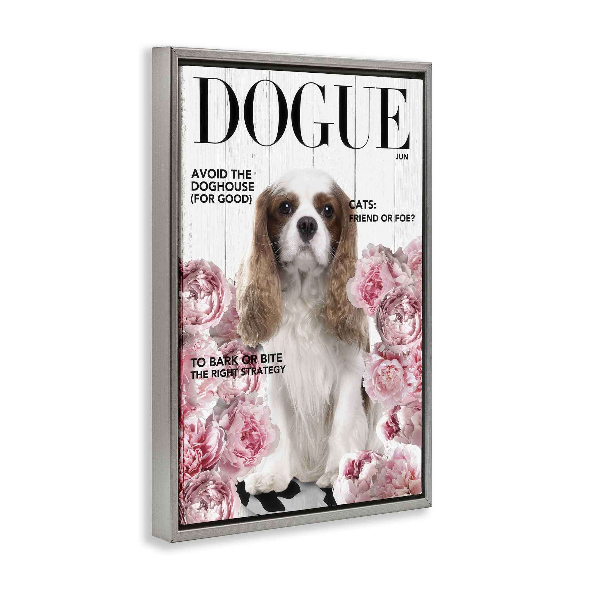Funny Floral Dog Magazine Gray Framed Floater Canvas Wall Art, design by Sasha