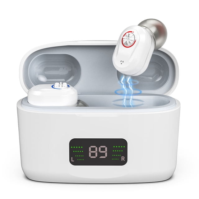 Audífonos recargables, estuche de carga portátil con pantalla LED de porcentaje, energía de respaldo de 150 horas, par, blanco