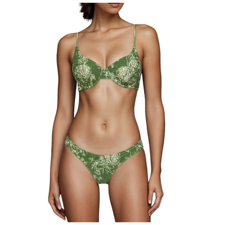 QYZEU Womens Swimsuits Two Piece Triangle Bathing Suits 2 Piece Swimwear Pleated Double Floral Print Swimsuit Bikini Breathable Comfy Lightweight Swimwear Amy Green M